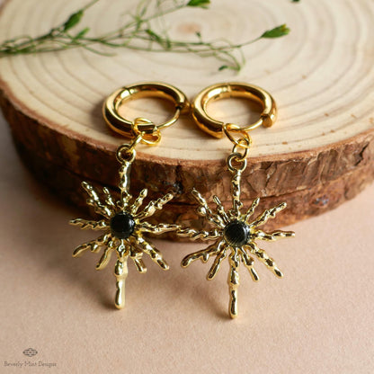 Gold Sunburst Hoop Earrings with Black Stone, Celestial Statement Jewelry, Chunky Huggie Earrings, Boho Dangle Earrings