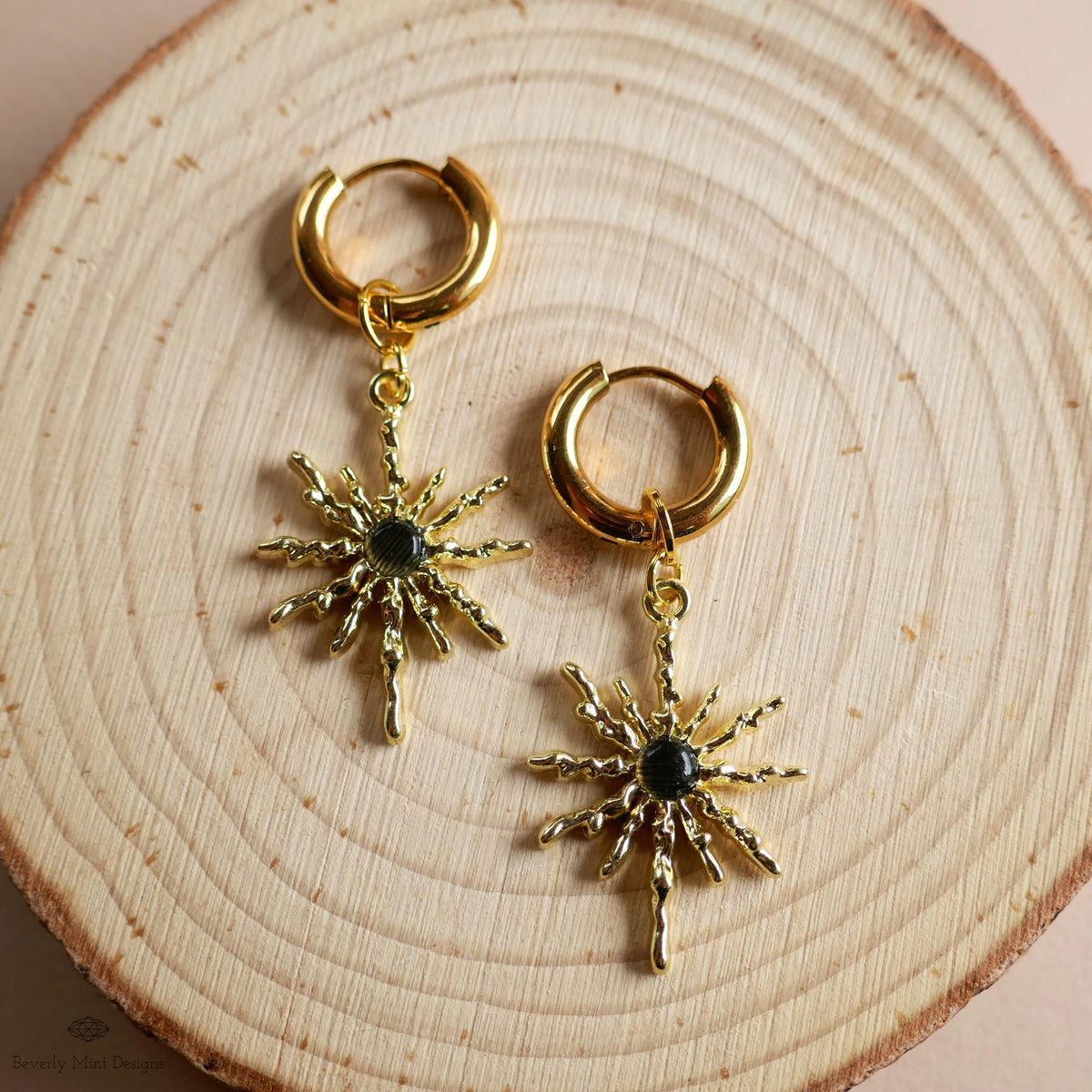 Gold Sunburst Hoop Earrings with Black Stone, Celestial Statement Jewelry, Chunky Huggie Earrings, Boho Dangle Earrings
