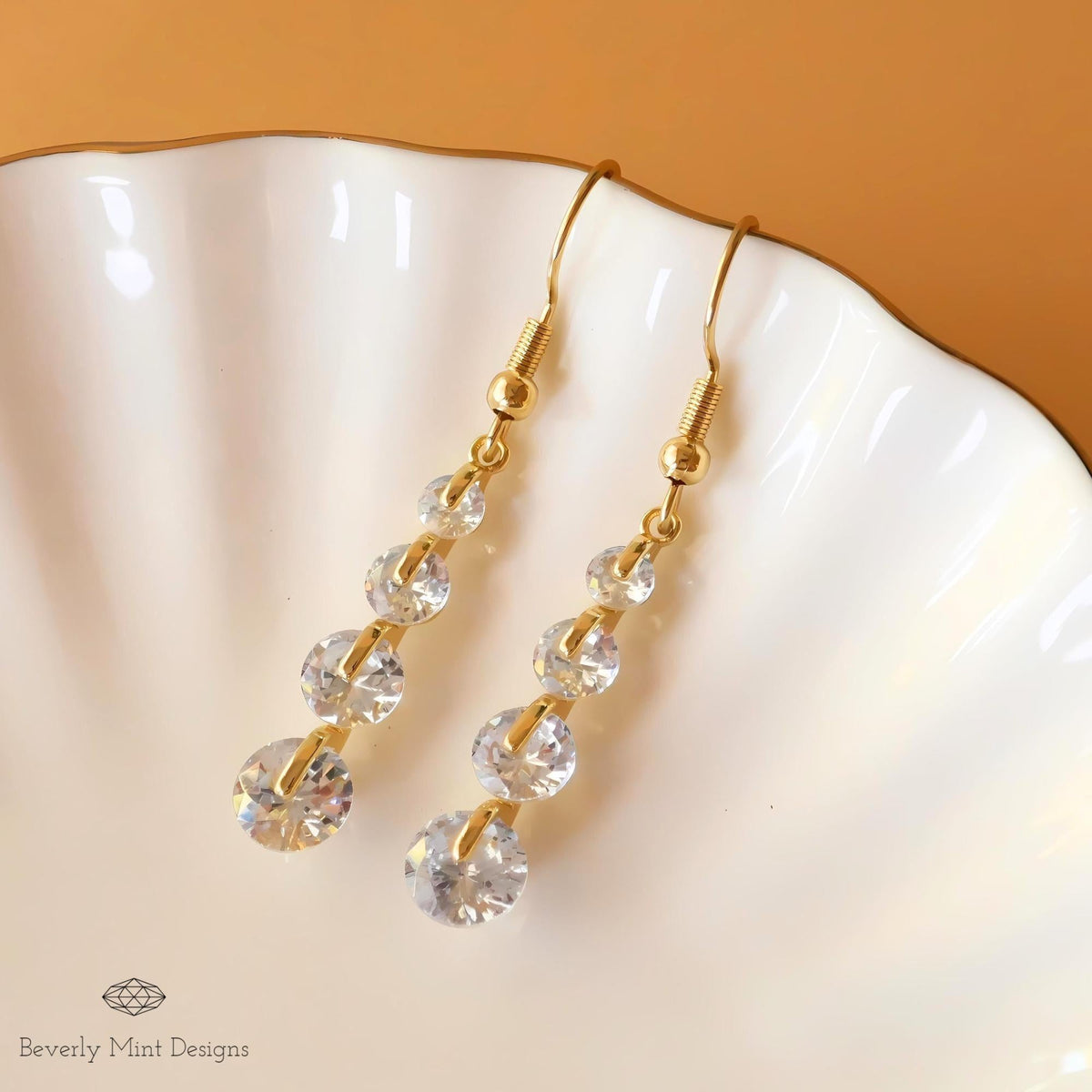 18K Gold Crystal Zircon Drop Earrings, Long Dangle Earrings, Elegant Zircon Jewelry, Sensitive Ear & Clip-On Options