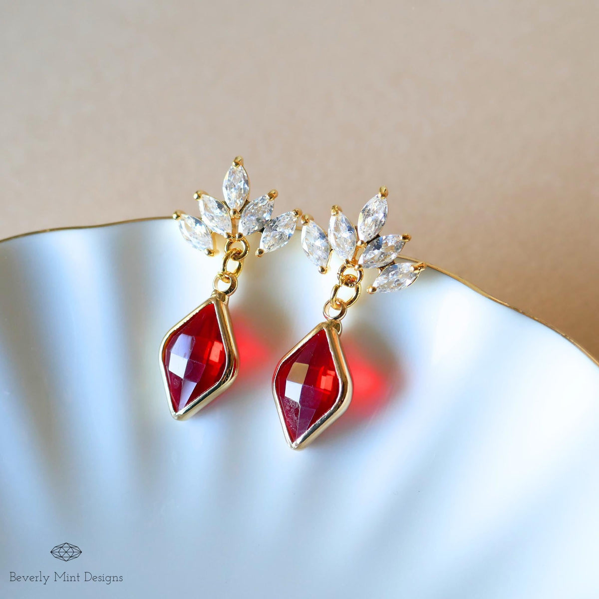 Ruby Red Earrings, Red Stone Cubic Zirconia Earrings, Red Diamond Shaped Earrings, Marquise Crystal Faceted Earrings, Gift For Her