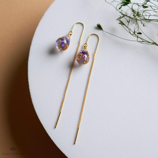 Pressed Flower Threader Earrings, Gold Chain Earrings, Resin Floral Jewelry, Dainty Drop Earrings, Sensitive Ear & Clip-On Options
