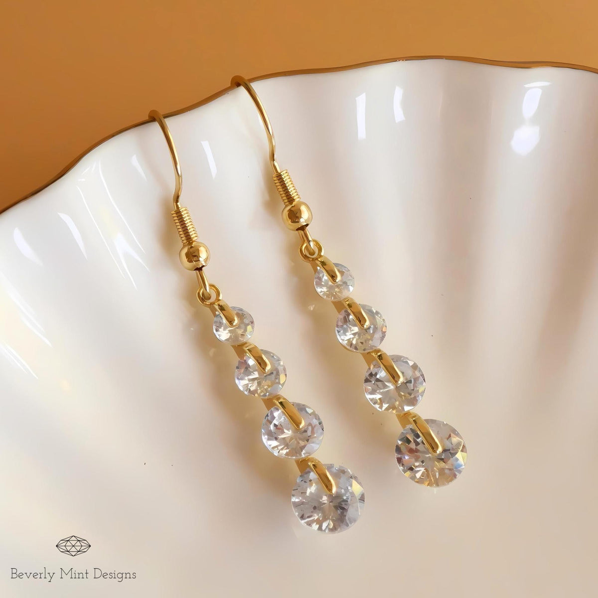 18K Gold Crystal Zircon Drop Earrings, Long Dangle Earrings, Elegant Zircon Jewelry, Sensitive Ear & Clip-On Options