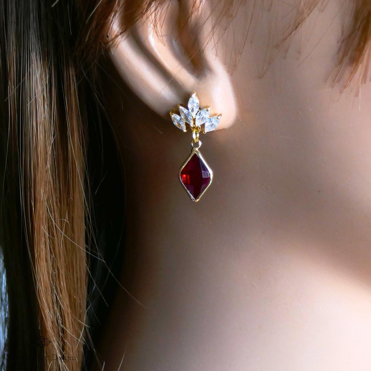 Ruby Red Earrings, Red Stone Cubic Zirconia Earrings, Red Diamond Shaped Earrings, Marquise Crystal Faceted Earrings, Gift For Her