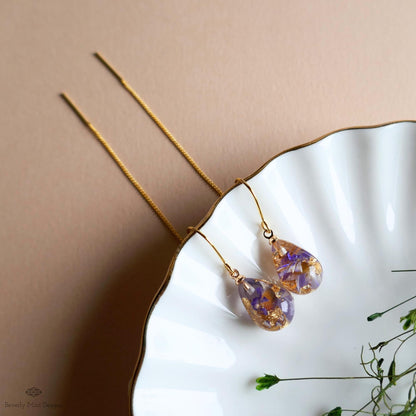 Pressed Flower Threader Earrings, Gold Chain Earrings, Resin Floral Jewelry, Dainty Drop Earrings, Sensitive Ear & Clip-On Options