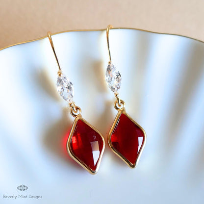 Ruby Red Earrings, Red Stone Cubic Zirconia Drop Earrings, Red Diamond Shaped Earrings, Elegant Faceted Dangle Earrings