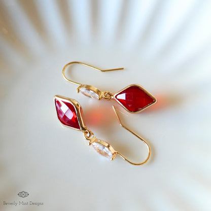 Ruby Red Earrings, Red Stone Cubic Zirconia Drop Earrings, Red Diamond Shaped Earrings, Elegant Faceted Dangle Earrings