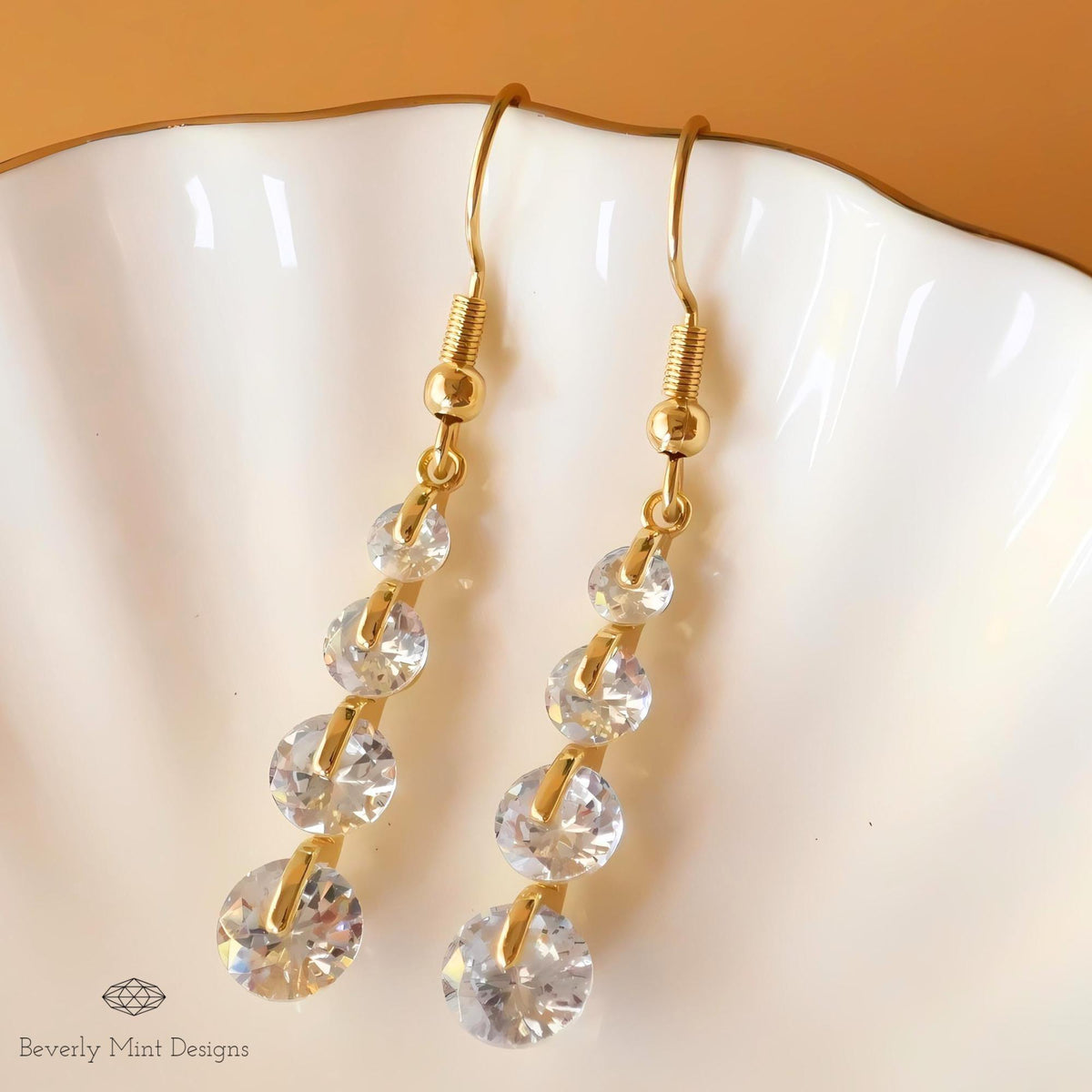 18K Gold Crystal Zircon Drop Earrings, Long Dangle Earrings, Elegant Zircon Jewelry, Sensitive Ear & Clip-On Options