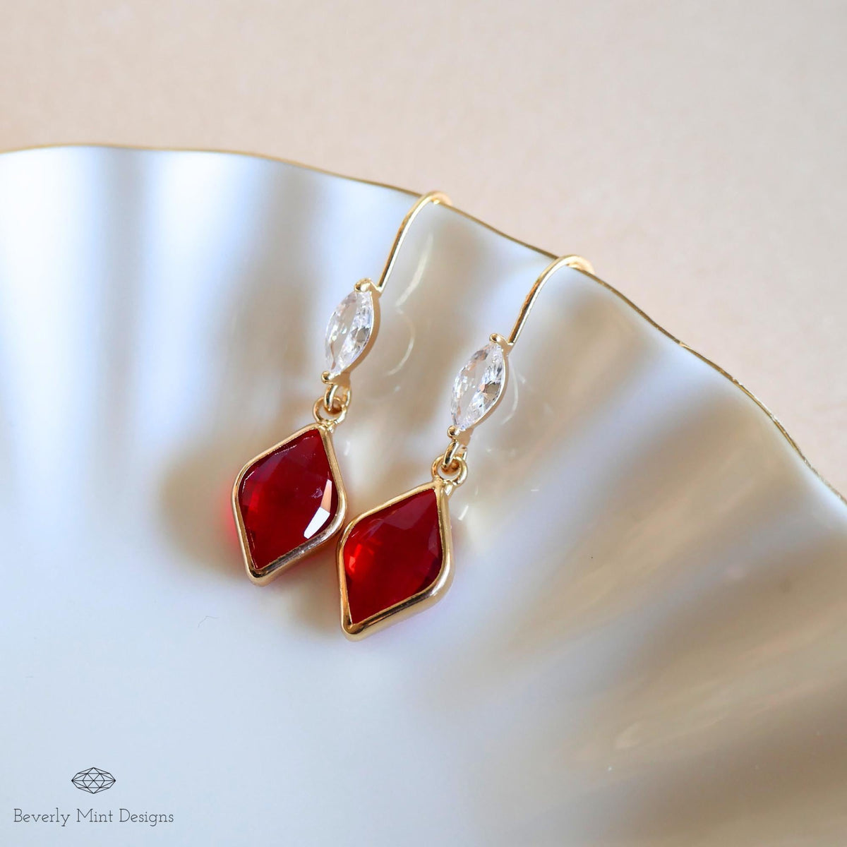 Ruby Red Earrings, Red Stone Cubic Zirconia Drop Earrings, Red Diamond Shaped Earrings, Elegant Faceted Dangle Earrings