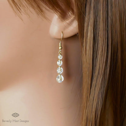 18K Gold Crystal Zircon Drop Earrings, Long Dangle Earrings, Elegant Zircon Jewelry, Sensitive Ear & Clip-On Options