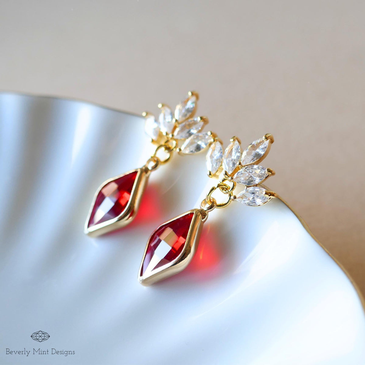 Ruby Red Earrings, Red Stone Cubic Zirconia Earrings, Red Diamond Shaped Earrings, Marquise Crystal Faceted Earrings, Gift For Her