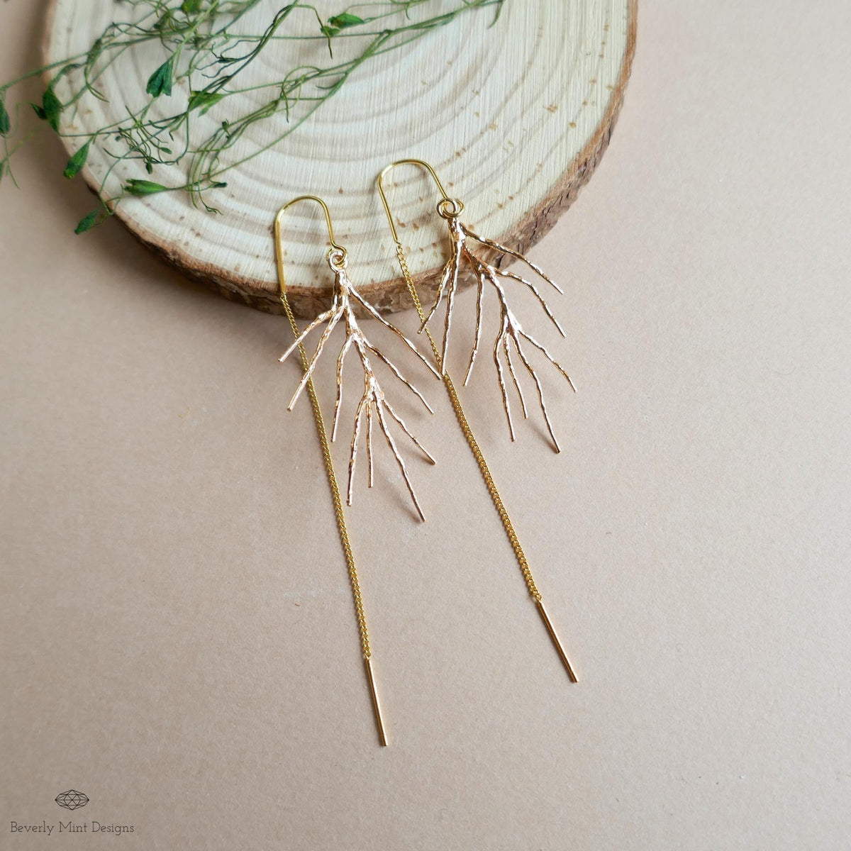 Gold Branch Threader Earrings, Long Dangle Earrings, Nature Inspired Jewelry, Minimalist Earrings, Sensitive Ear & Clip-On Options