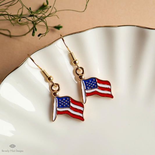 American Flag Earrings, Red White Blue Dangle Jewelry, USA Patriotic Earrings, 4th of July Accessories, Sensitive Ear & Clip-On Options