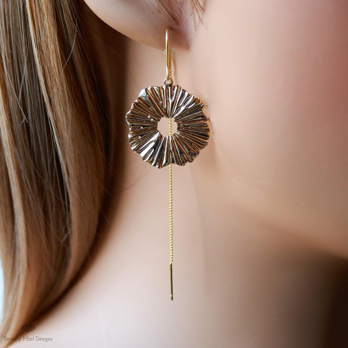 Gold Textured Disc Threader Earrings, Bold Statement Dangle Earrings, Sculptural Jewelry, Sensitive Ear & Clip-On Options