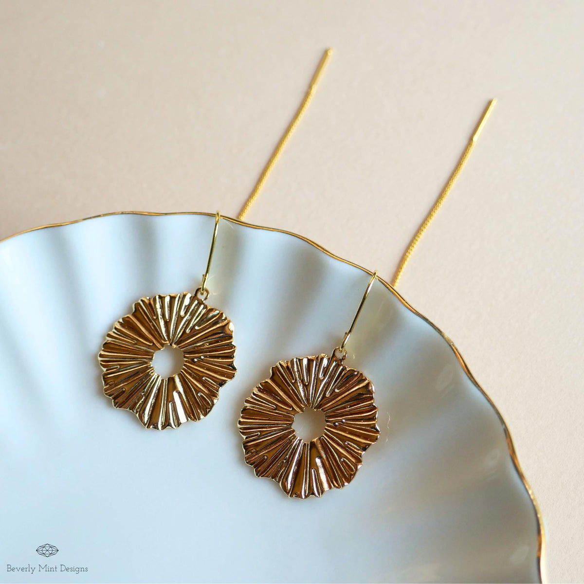 Gold Textured Disc Threader Earrings, Bold Statement Dangle Earrings, Sculptural Jewelry, Sensitive Ear & Clip-On Options