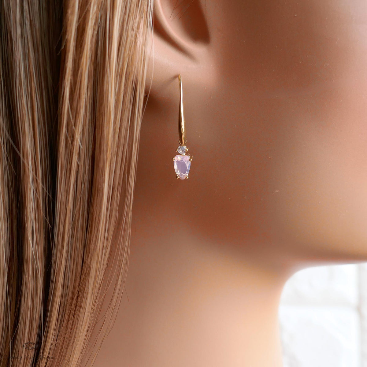 Light Pink Heart Earrings, Minimalist Jewelry, Gold Dangle Earrings, Dainty Drop Earrings, Romantic, Sensitive Ear & Clip-On Options