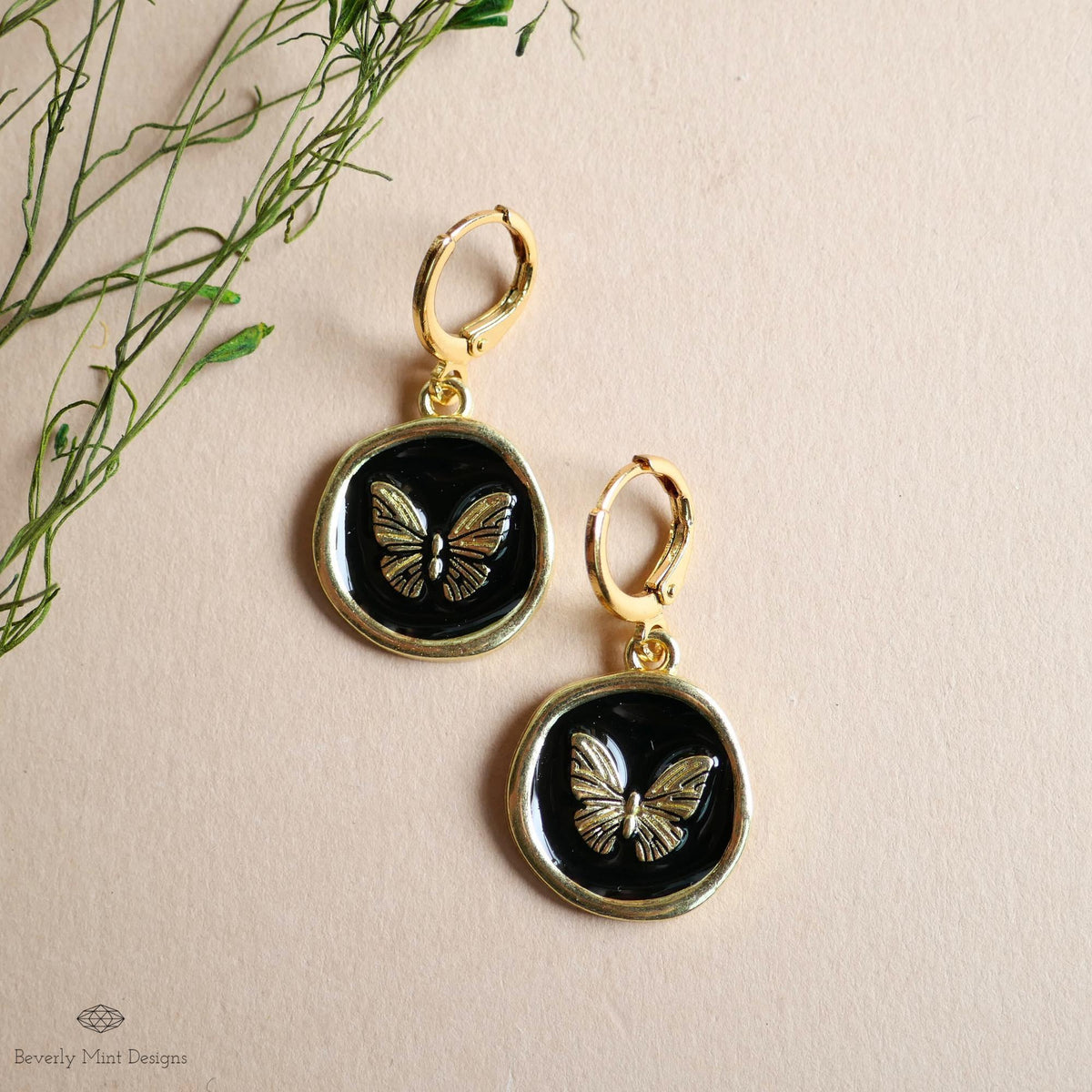 Butterfly Enamel Charm Earrings, Black and Gold Dangle Earrings, Handmade Vintage Butterfly Jewelry, Sensitive Ear & Clip-On Options