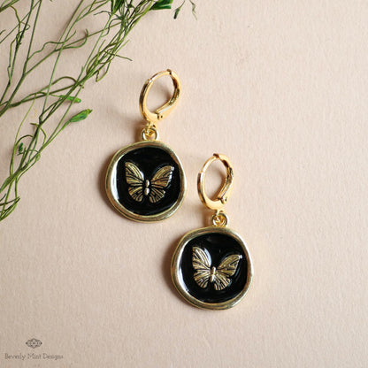 Butterfly Enamel Charm Earrings, Black and Gold Dangle Earrings, Handmade Vintage Butterfly Jewelry, Sensitive Ear & Clip-On Options