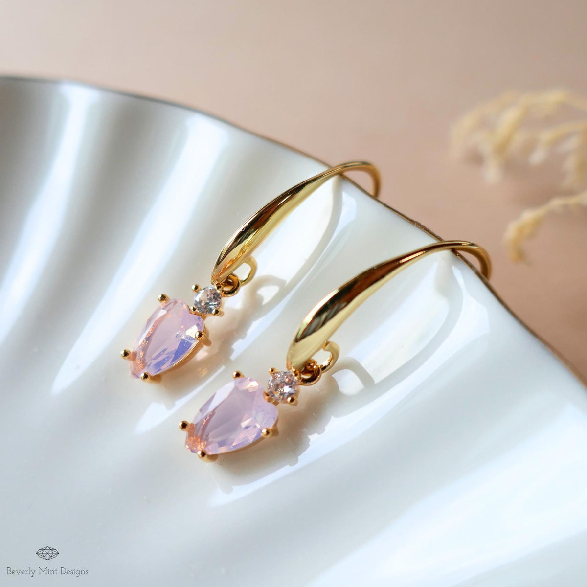 Light Pink Heart Earrings, Minimalist Jewelry, Gold Dangle Earrings, Dainty Drop Earrings, Romantic, Sensitive Ear & Clip-On Options