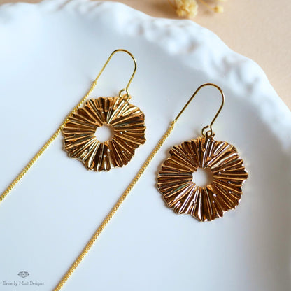 Gold Textured Disc Threader Earrings, Bold Statement Dangle Earrings, Sculptural Jewelry, Sensitive Ear & Clip-On Options