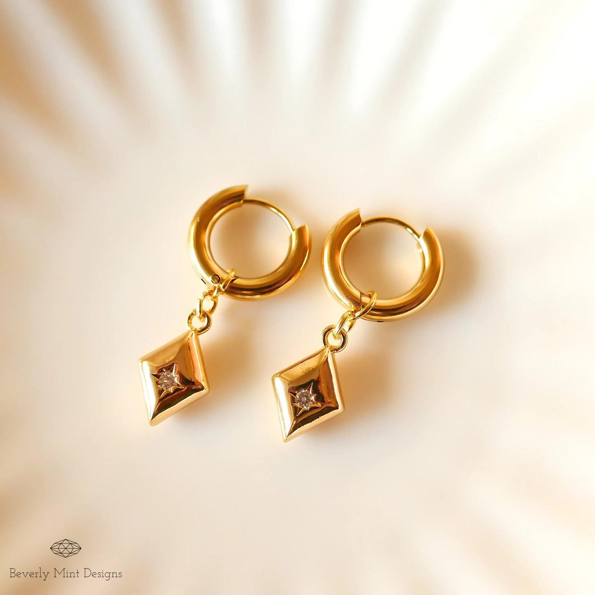 Gold Huggie Earrings with Geometric Dangle Charms – Minimalist Jewelry, Modern Hoop Earrings