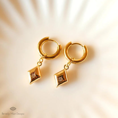 Gold Huggie Earrings with Geometric Dangle Charms – Minimalist Jewelry, Modern Hoop Earrings