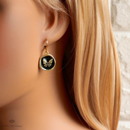 Butterfly Enamel Charm Earrings, Black and Gold Dangle Earrings, Handmade Vintage Butterfly Jewelry, Sensitive Ear & Clip-On Options