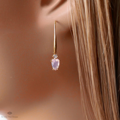 Light Pink Heart Earrings, Minimalist Jewelry, Gold Dangle Earrings, Dainty Drop Earrings, Romantic, Sensitive Ear & Clip-On Options
