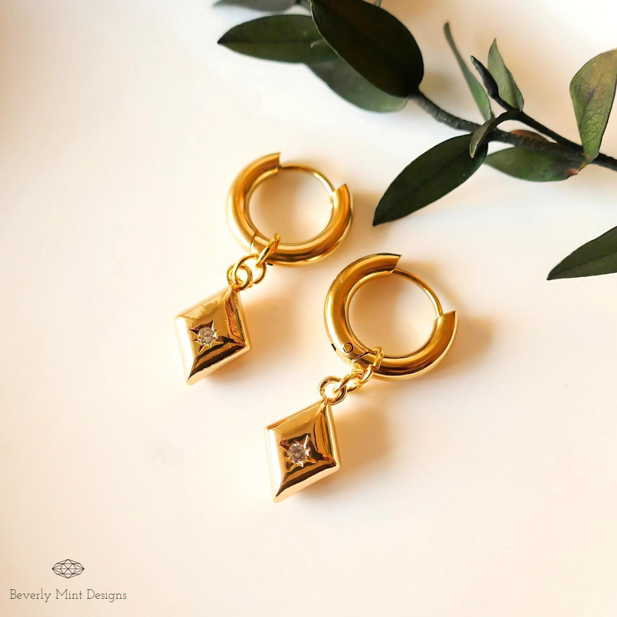 Gold Huggie Earrings with Geometric Dangle Charms – Minimalist Jewelry, Modern Hoop Earrings