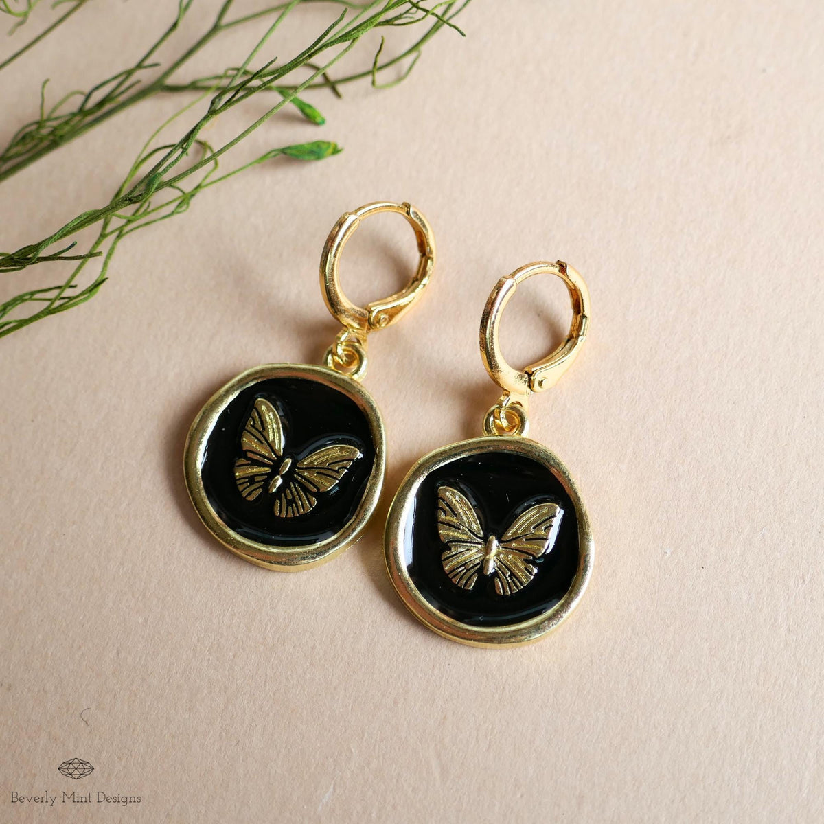 Butterfly Enamel Charm Earrings, Black and Gold Dangle Earrings, Handmade Vintage Butterfly Jewelry, Sensitive Ear & Clip-On Options