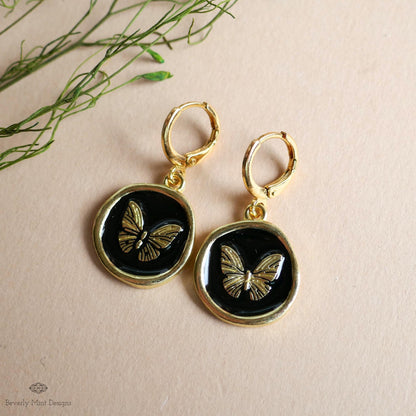Butterfly Enamel Charm Earrings, Black and Gold Dangle Earrings, Handmade Vintage Butterfly Jewelry, Sensitive Ear & Clip-On Options