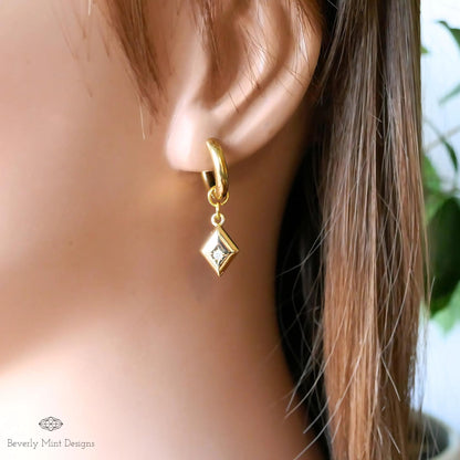 Gold Huggie Earrings with Geometric Dangle Charms – Minimalist Jewelry, Modern Hoop Earrings