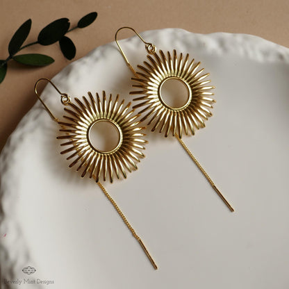 Gold Sunburst Earrings Celestial Drop Earrings Boho Sun Charm Jewelry Statement Dangle Earrings Modern, Sensitive Ear & Clip-On Options