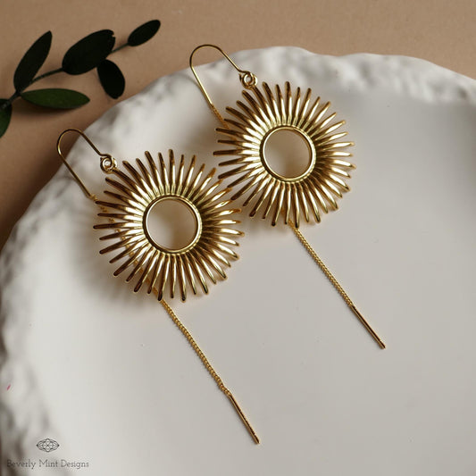 Gold Sunburst Earrings Celestial Drop Earrings Boho Sun Charm Jewelry Statement Dangle Earrings Modern, Sensitive Ear & Clip-On Options