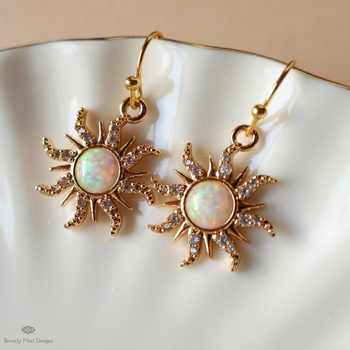Gold Sun Earrings with Faux Opal, Sunburst Dangle Earrings, Celestial Jewelry, Boho Drop Earrings, Sensitive Ear & Clip-On Options