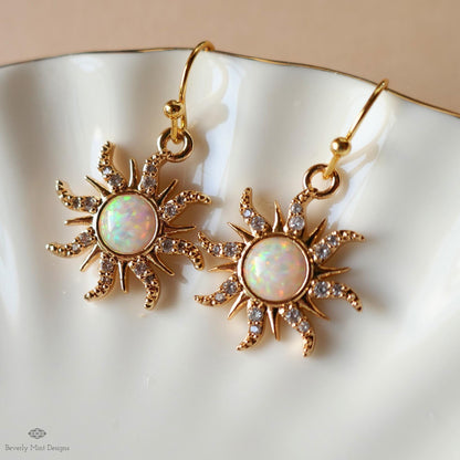 Gold Sun Earrings with Faux Opal, Sunburst Dangle Earrings, Celestial Jewelry, Boho Drop Earrings, Sensitive Ear & Clip-On Options