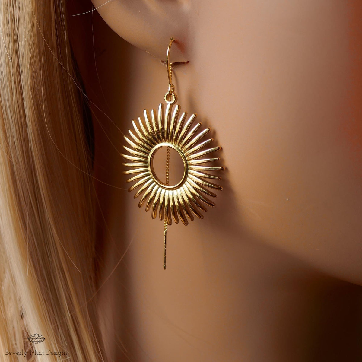 Gold Sunburst Earrings Celestial Drop Earrings Boho Sun Charm Jewelry Statement Dangle Earrings Modern, Sensitive Ear & Clip-On Options
