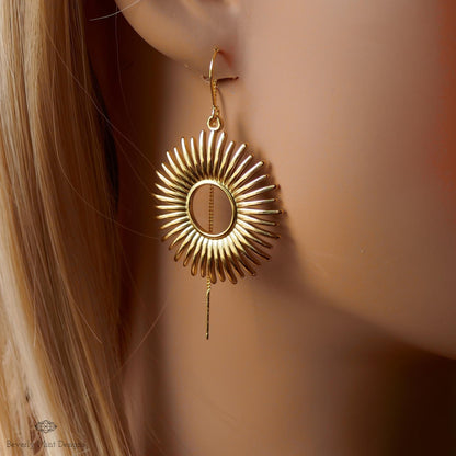 Gold Sunburst Earrings Celestial Drop Earrings Boho Sun Charm Jewelry Statement Dangle Earrings Modern, Sensitive Ear & Clip-On Options