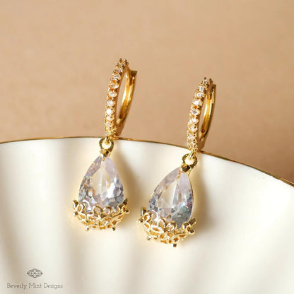 Gold Pave Hoop Earrings, Teardrop Crystal Dangle Earrings, Elegant Bridal Jewelry, Floral Drop Earrings for Women