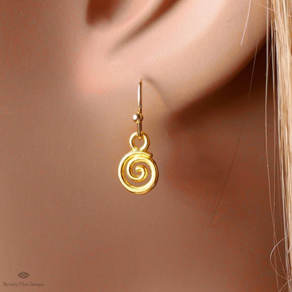 Gold Tiny Spiral Earrings, Mini Swirl Dangle Earrings, Minimalist Boho Jewelry, Celtic Inspired Earrings, Sensitive Ear & Clip-On Options