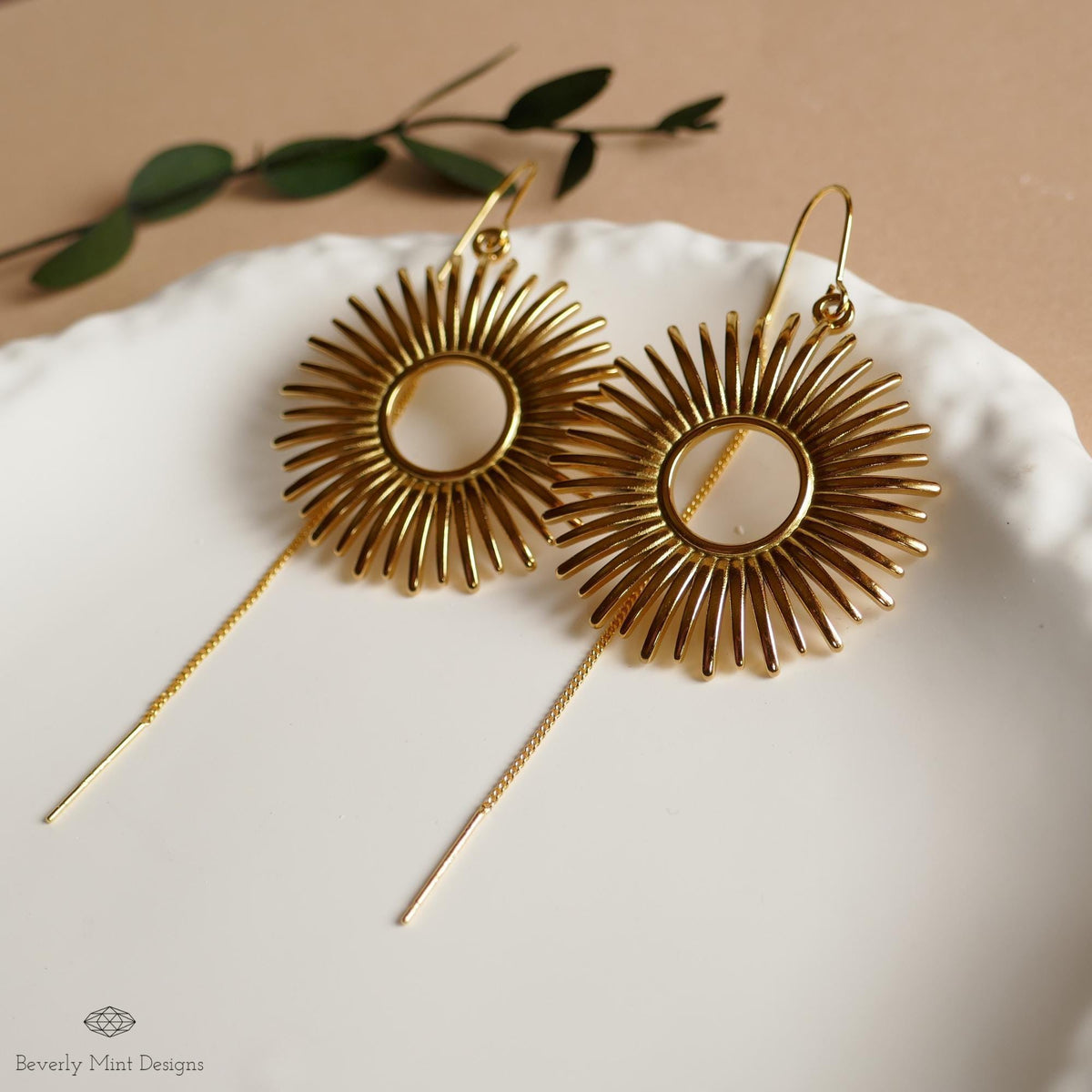 Gold Sunburst Earrings Celestial Drop Earrings Boho Sun Charm Jewelry Statement Dangle Earrings Modern, Sensitive Ear & Clip-On Options