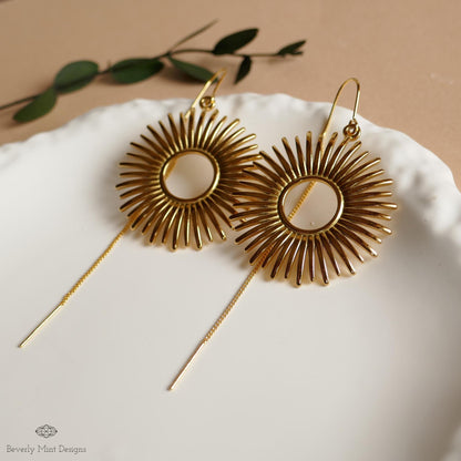Gold Sunburst Earrings Celestial Drop Earrings Boho Sun Charm Jewelry Statement Dangle Earrings Modern, Sensitive Ear & Clip-On Options