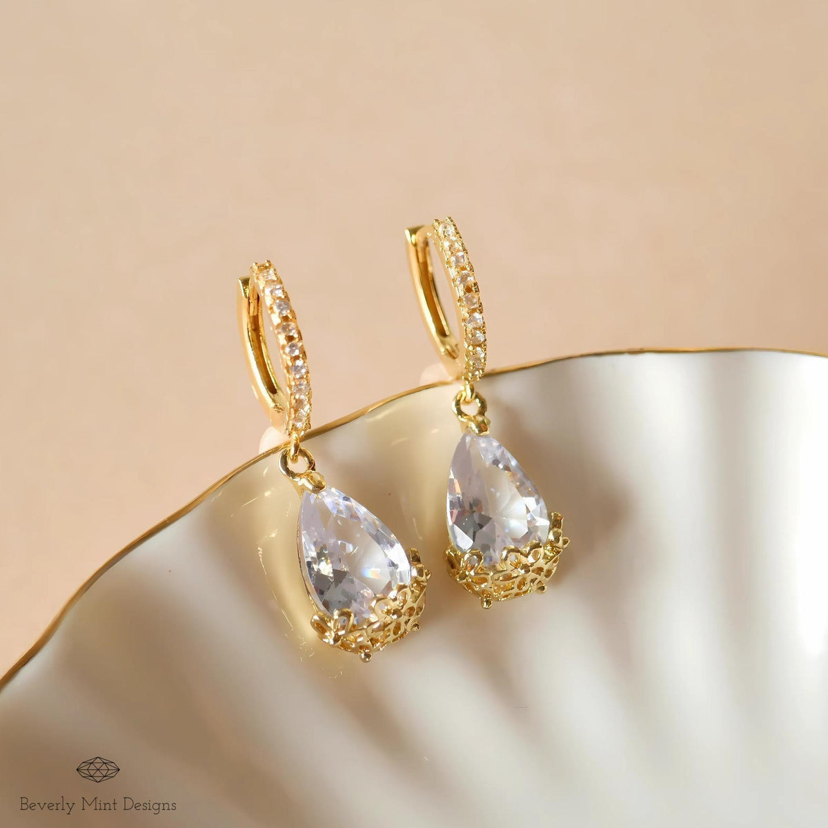 Gold Pave Hoop Earrings, Teardrop Crystal Dangle Earrings, Elegant Bridal Jewelry, Floral Drop Earrings for Women