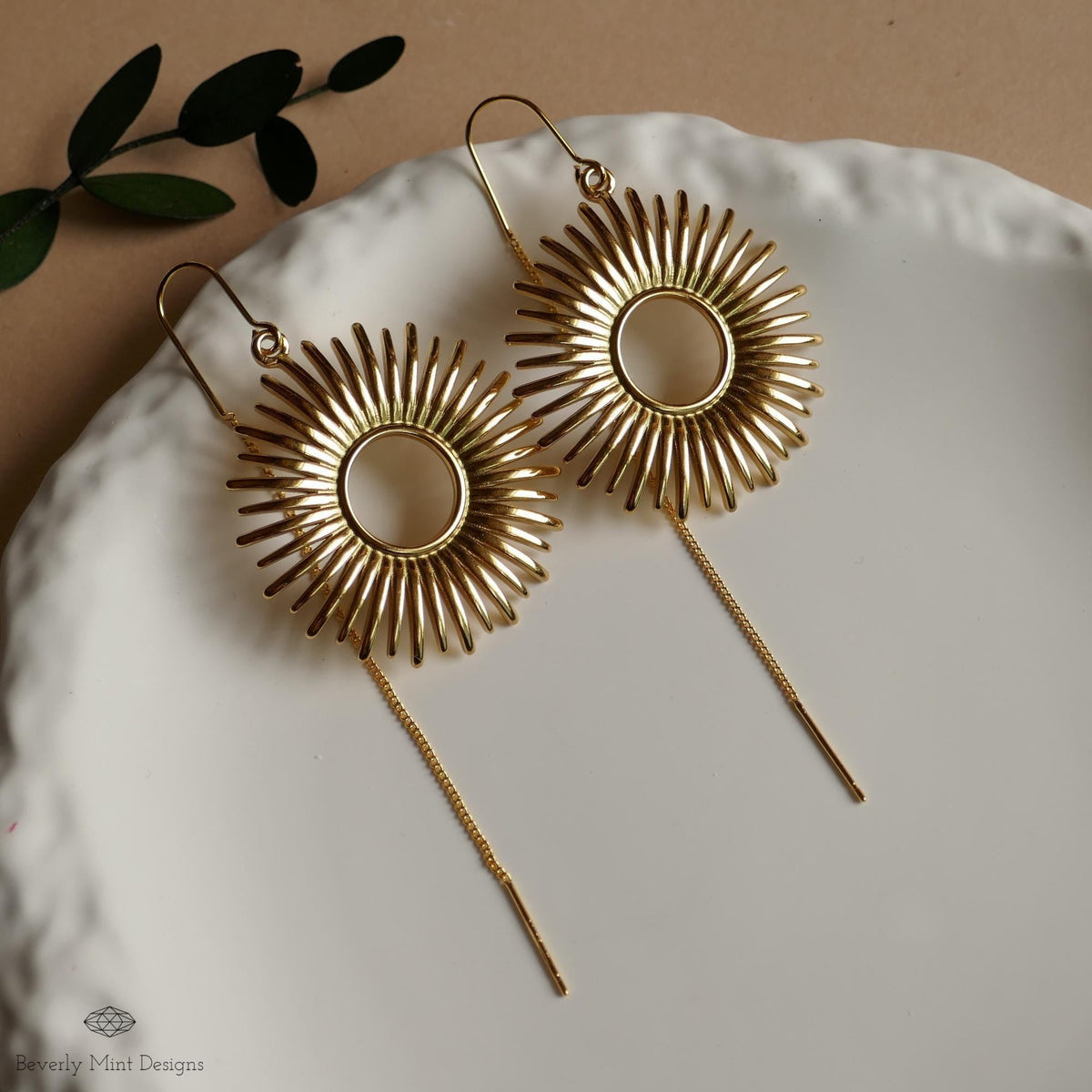 Gold Sunburst Earrings Celestial Drop Earrings Boho Sun Charm Jewelry Statement Dangle Earrings Modern, Sensitive Ear & Clip-On Options