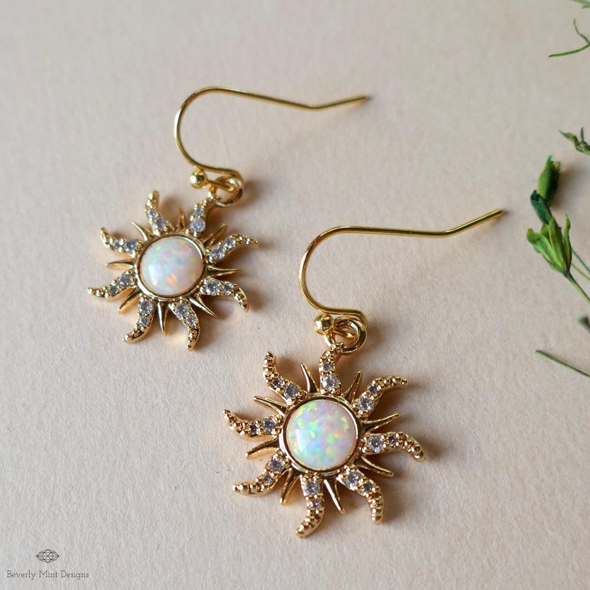 Gold Sun Earrings with Faux Opal, Sunburst Dangle Earrings, Celestial Jewelry, Boho Drop Earrings, Sensitive Ear & Clip-On Options