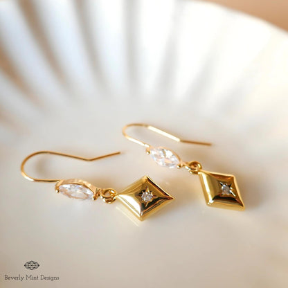 Gold Geometric Dangle Earrings with Clear Crystal Accents – Minimalist Jewelry, Modern Drop Earrings