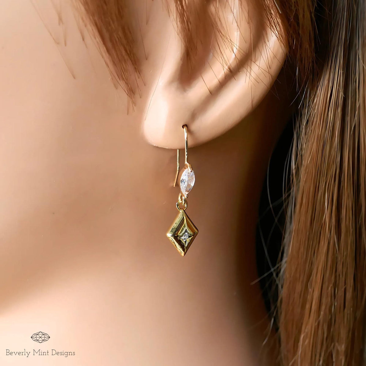 Gold Geometric Dangle Earrings with Clear Crystal Accents – Minimalist Jewelry, Modern Drop Earrings