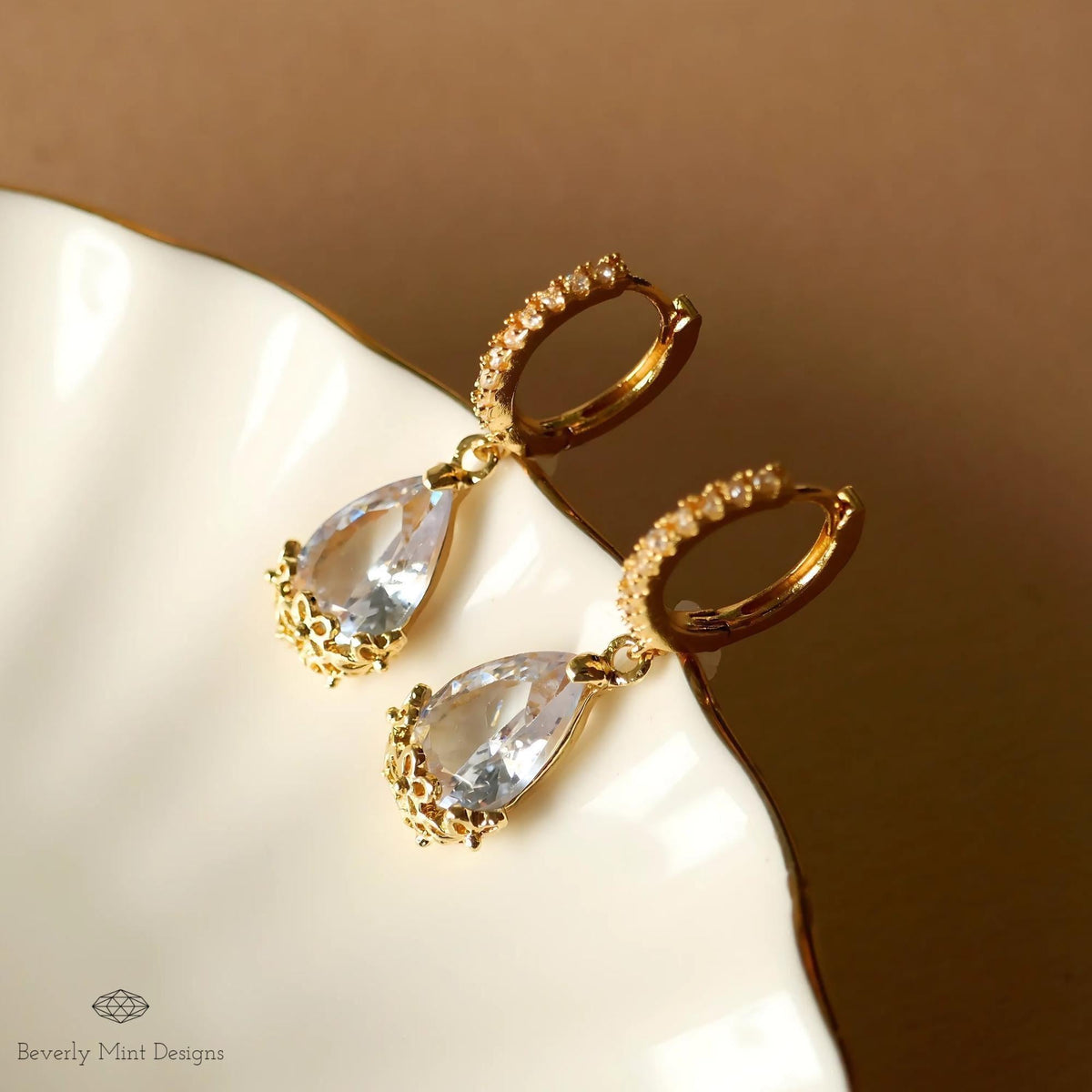 Gold Pave Hoop Earrings, Teardrop Crystal Dangle Earrings, Elegant Bridal Jewelry, Floral Drop Earrings for Women