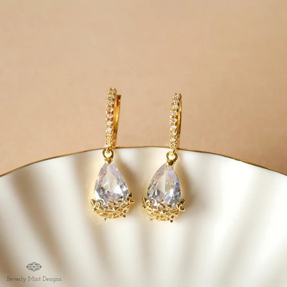 Gold Pave Hoop Earrings, Teardrop Crystal Dangle Earrings, Elegant Bridal Jewelry, Floral Drop Earrings for Women
