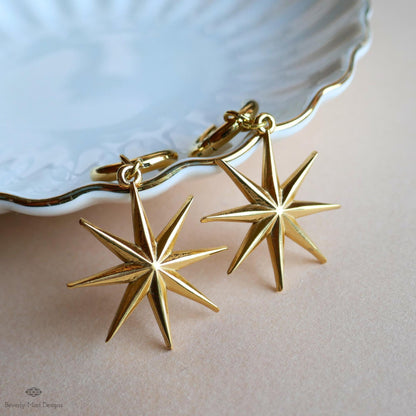 Gold Star Hoop Earrings, Statement Earrings, Boho Festival Jewelry, Astrology , Star Dangle Huggie Earrings