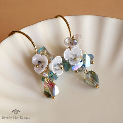 Pearly Flower Earrings, Flower Drop Earrings ,Feminine Earrings, Floral Chandelier Earrings, Unique Jewelry